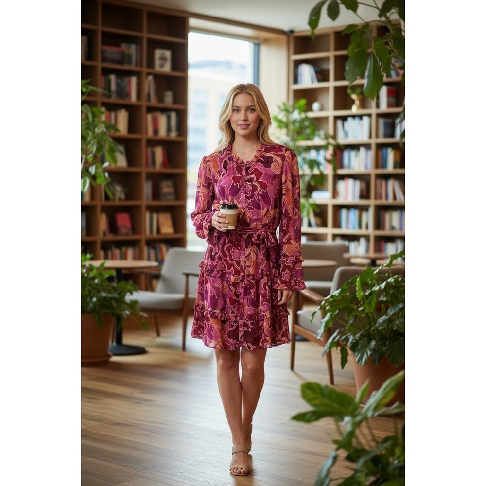 Donna Morgan NWT Size 14 Pink Red Tiered Ruffle Shirt Dress Belted Button Mini